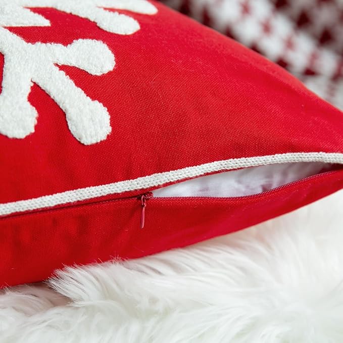 Elife Soft Square Christmas Snowflake Home Decorative Canvas Cotton Embroidery Throw Pillow Covers 18x18 Cushion Covers Pillowcases for Sofa Bed Chair (1 Pair, Red)