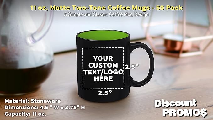 DISCOUNT PROMOS 50 Matte Two-Tone Coffee Mugs Set, 11 oz. - Customizable Text, Logo - Stoneware, Drinkware, Durable, C-handle - Lime Green