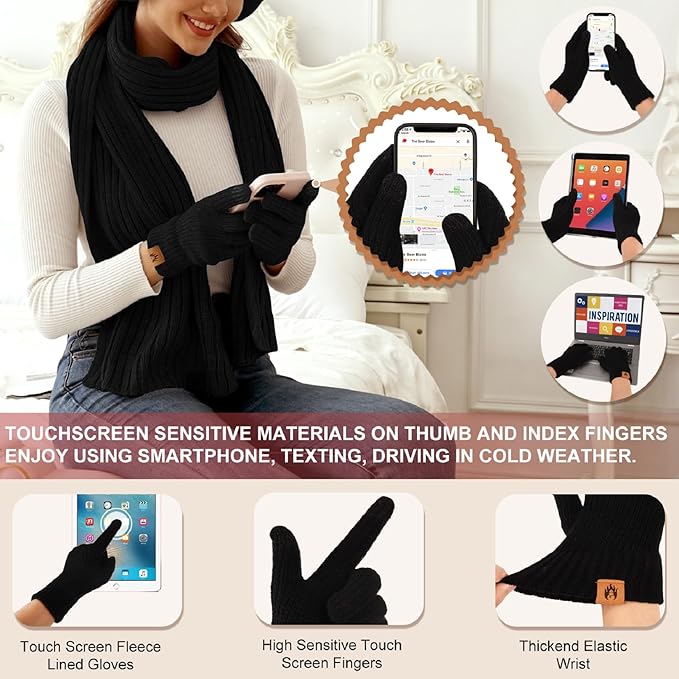 HEEKPEK Winter Beanie Hats Scarf Gloves Ear Muffs Fuzzy Socks 5pcs Set for Women Cold Weather Beanies Touch Screen Gloves