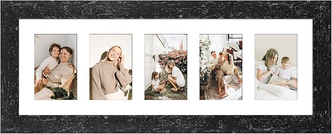 8x24 Picture Frame Display 5 opening 4X6 Picture Frame Collage,Multi Photo Frame with Mat,Plexiglass,Wall or Tabletop Decor,Black Wood Grain