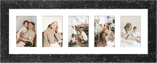 8x24 Picture Frame Display 5 opening 4X6 Picture Frame Collage,Multi Photo Frame with Mat,Plexiglass,Wall or Tabletop Decor,Black Wood Grain