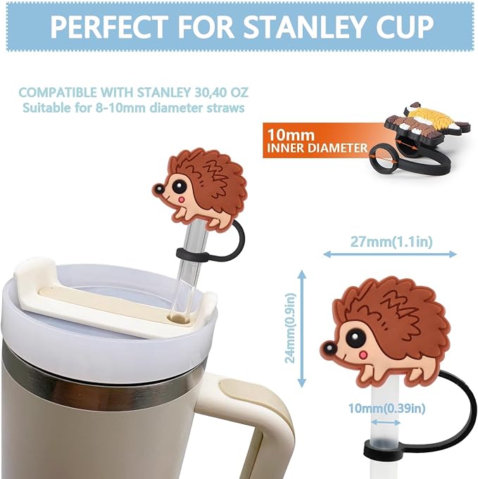 Animal Straw Toppers For Stanley Cups;Straw Covers Cap Toppers Compatible With Stanley 30&40 Oz Tumbler, Reusable & Silicone Tumbler Straws Topper For 0.4 Inch Tips Animal Lover Gifts (Hedgehog)