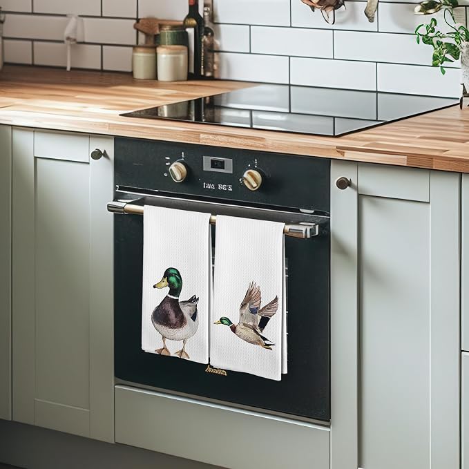 Funny Mallard Duck Kitchen Towels and Dishcloths Sets of 2, Mallard Duck Nursery Decor Gifts, Woodsy Rustic Farm Hunting Nursery Home Decor Dish Hand Tea Towels for Bathroom Kitchen,16x24Inch