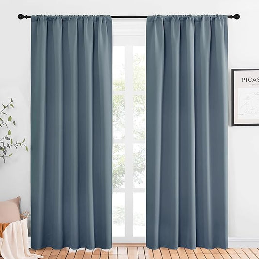 NICETOWN Window Curtains Blackout Drapes, Smoky Blue, 1 Pair, 52 by 84-Inch, Thermal Insulated Solid Rod Pocket Blackout Curtains/Draperies for Living Room