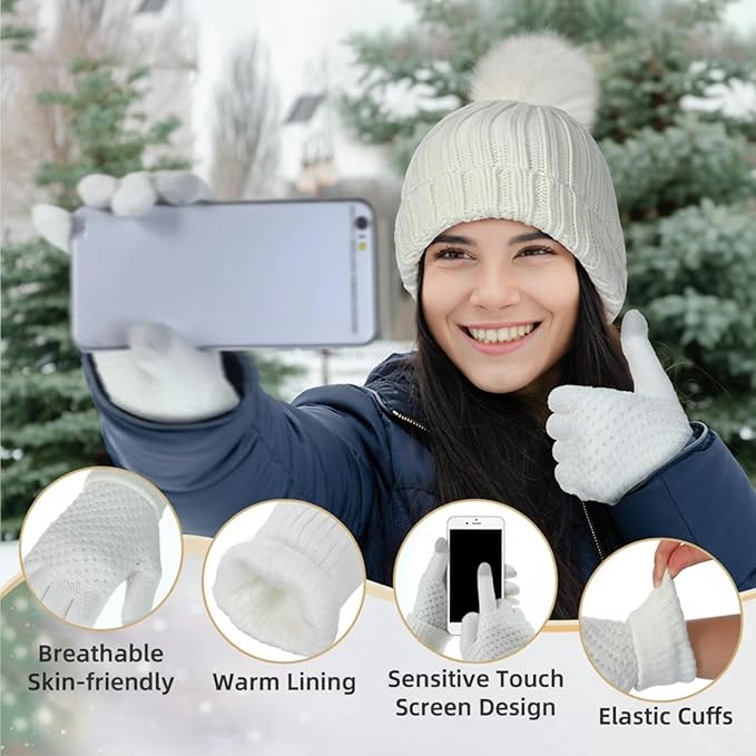 SATINIOR 5 Pcs Winter Satin Lined Hat Scarf Gloves Set Knit Pompom Beanie Warm Touchscreen Glove Earmuff Ear Warmer for Women