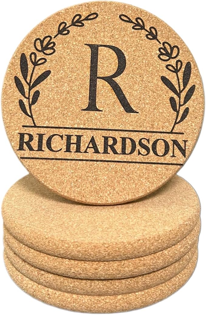 Set of 5 Personalized Custom Monogram Cork Coasters, Custom Wedding, Housewarming Gifts, Promotional Giveaways (Design #3)
