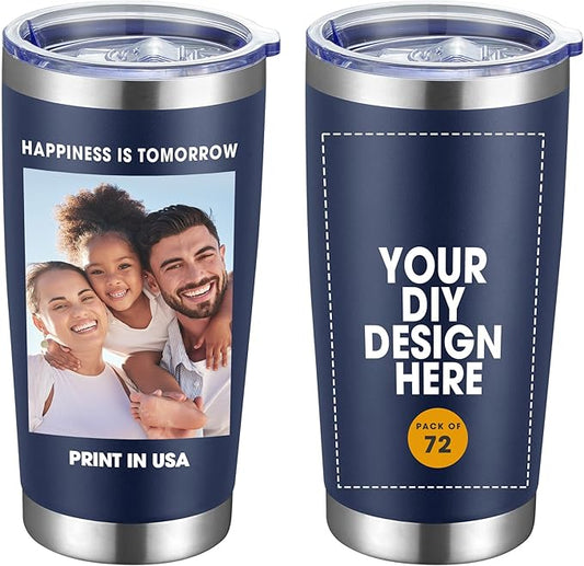 Personalized Custom Tumbler Print in USA 72 Pcs 20oz Stainless Steel Coffee Cup with Lid & Straw Double Wall Insulated Tumbler with Colorful Text Logo Photo