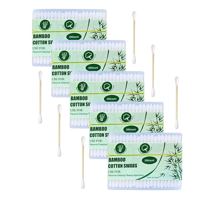 Bamboo Cotton Swabs 1000 Count|Double Round Biodegradable Cotton Buds|5 packs of 200ct