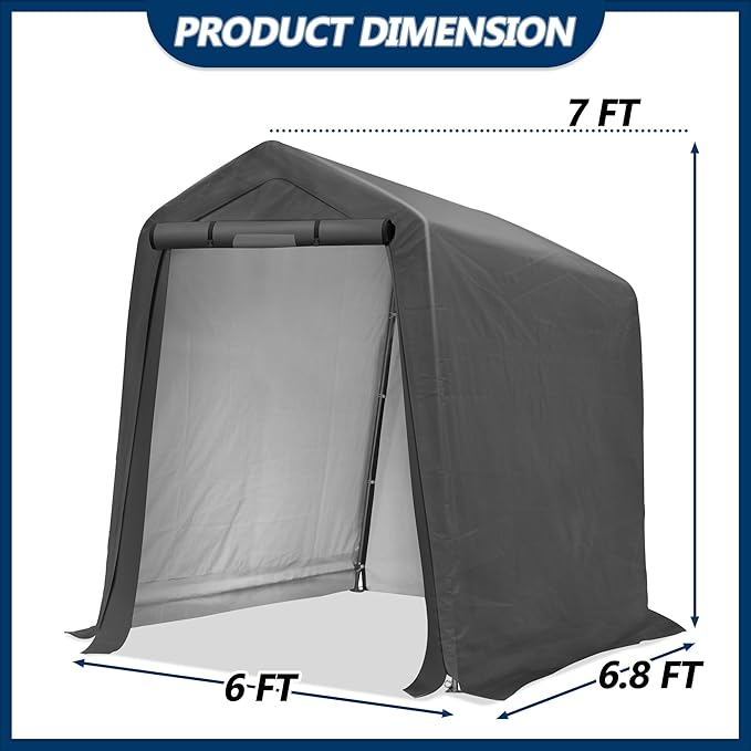 COVERONICS 6' x 7' Outdoor Storage Shed - Heavy Duty Portable Shelter Carport with Ventilation Windows and Roll-up Doors, Storage Shelter Tent for Motorcycle, Bike, Lawnmower and Garden Tools, Grey