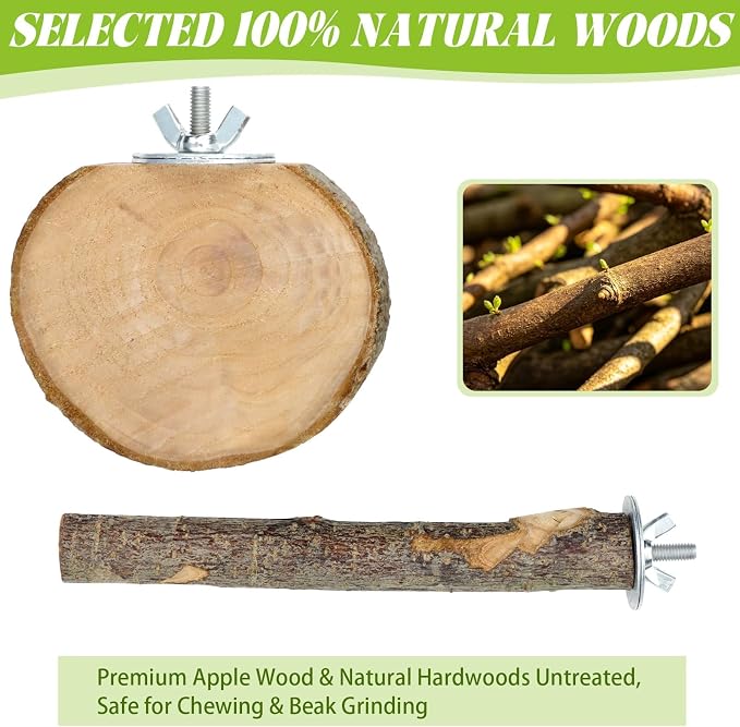 8 Pcs Natural Wood Bird Perch Set for Parakeets & Budgies | Ideal for Small/Medium Birds (Budgies, Conures) | Bark Textures for Foot Health | Tool-Free Wing-Nut | Safe Chewing