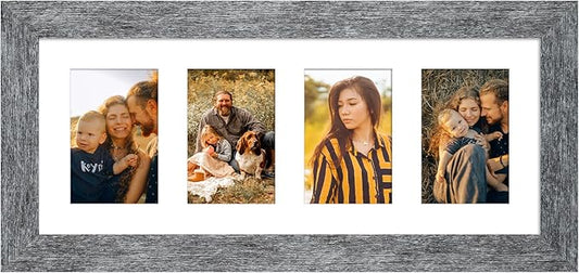 8x20 Picture Frame Display 4 opening 4X6 Picture Frame Collage,Multi Photo Frame with Mat,Plexiglass,Wall or Tabletop Decor,Grey Wood Grain