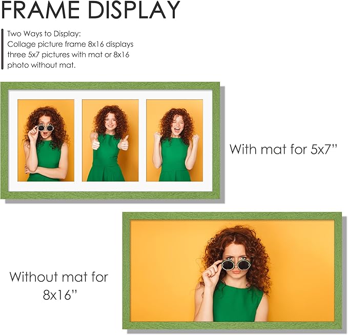 8x16 Collage Picture Frame 5x7 Collage Picture Frame Displays Three 5x7 inch Photos or 8x16 (Without Mat) for Available Horizontal Wall Mounting Display and Vertical Green