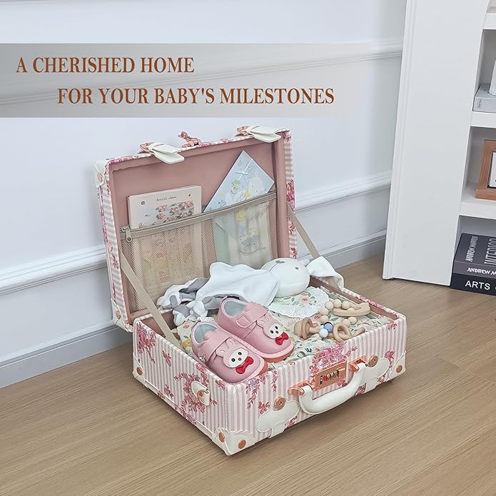 Unitravel Baby Keepsake Case, Handmade Memory Storage Box, Newborn Keepsake Box, Vintage Suitcase for Baby Shower, Baptism, Naming Ceremony or Birthday