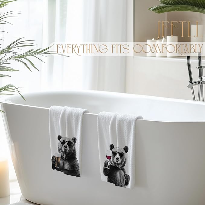 Funny Bear Kitchen Towels Set of 2, Funny Kitchen Decor, Wine Station Wine Bar Decor, Black and White Bear Owner Gift Hand Towel, Dining Room Decorative Tea Towel Dish Towels 16x24 Inch