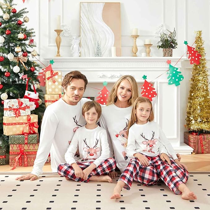 Christmas Family Pajamas Set Matching Holiday Plaid Sleepwear Set Reindeer/Tree Print Loungewear for Xmas Eve