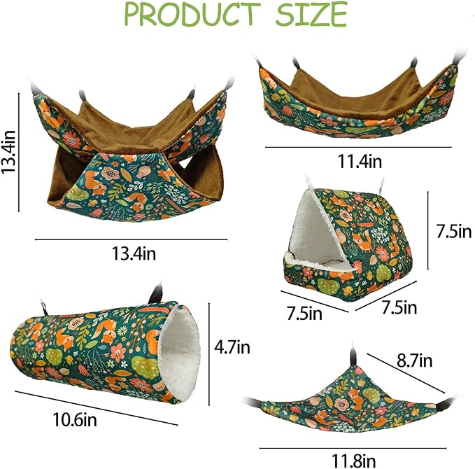 kathson 5 PCS Guinea Pig Hammock Set, Washable Rat Hammock, Guinea Pig Hideout Bed Soft Hamster Hanging Tunnel Mats Small Pets Cage Accessories for Chinchilla, Sugar Glider, Squirrel(Green)