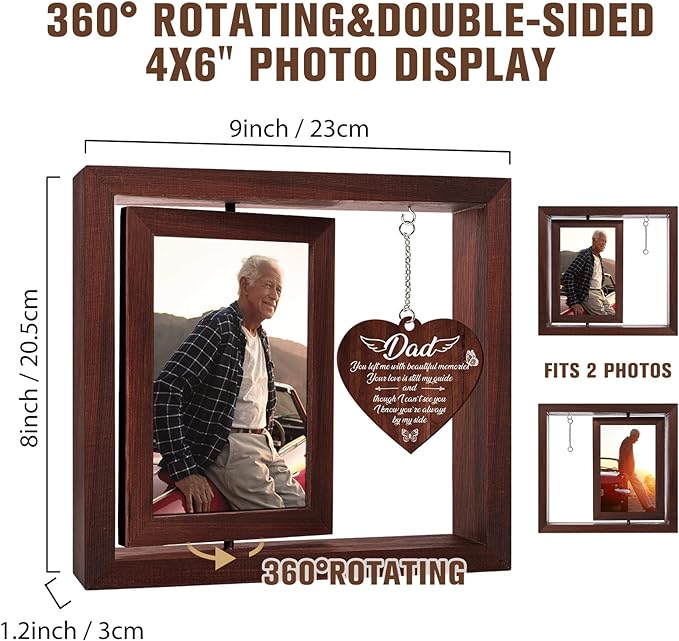 Vetbuosa Memorial Gifts for Loss of Father,Rotating Wooden Picture Frame, Sympathy Gift Keepsake, Healing Grief Gift for Loss of Dad, Remembrance for Funerals, Memorial Ceremonies, Fits 4x6 In Photo