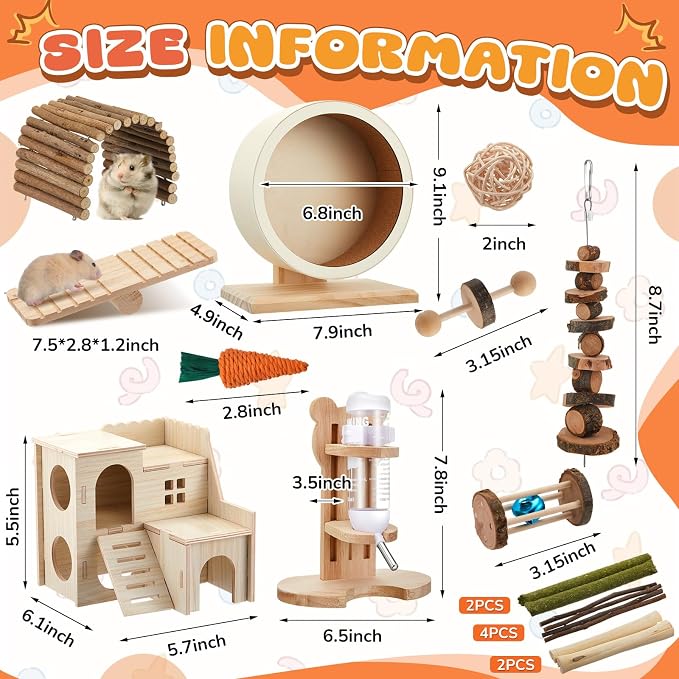 18 Pcs Hamster Cage Accessories, Silent Hamster Wheel 15 Toys Set | Maze Wood House and Water Bottle Set for Rat Mice Small Animals Habitat Decor Enrichment Starters (Harmony Wooden Style)
