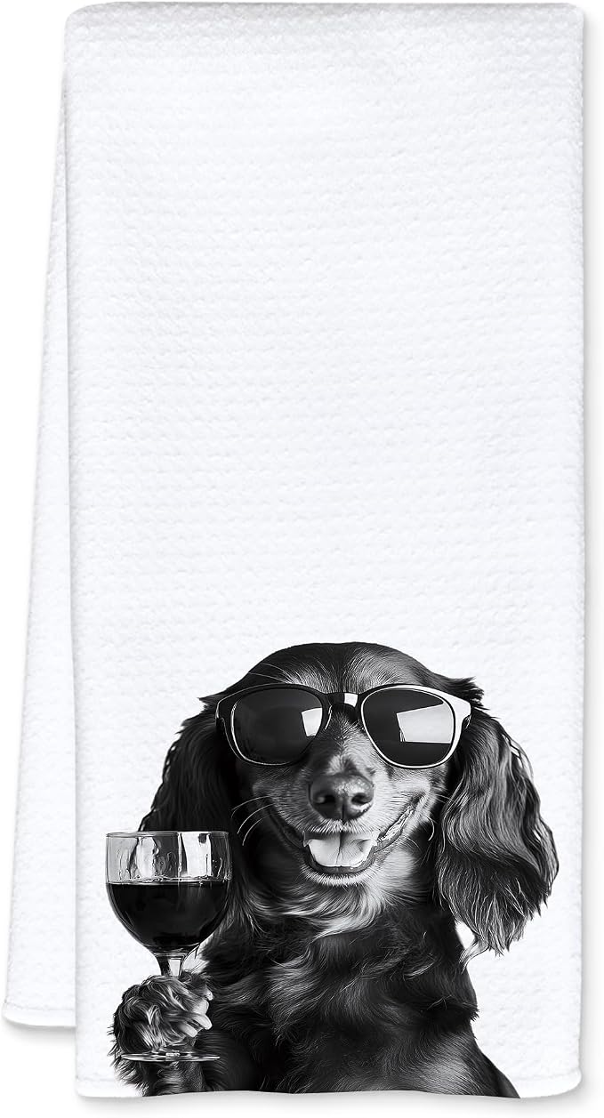 Dachshund Decor Kitchen Towels, Dachshund Gift Dish Tea Towel for Kitchen Decor, Bar Towels for Bartender, Wine Lover Gifts, 16x24 Inch