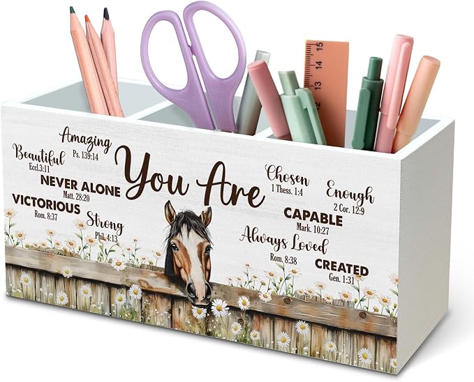 DILSJ Inspirational Horse Pen Pencil Holder Organizer for Desk, Horse Gifts for Women, Be Kind Be Brave Decor Wooden Box Signs for Home Office Desk Tabletop Decoration