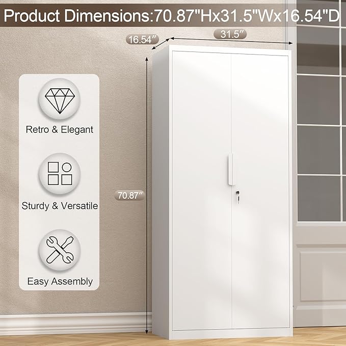 GREATMEET Metal Garage Storage Cabinets, 71" Tall Locking Metal Cabinets with Doors and Shelves, Utility Cabinet with Lock for Garage, Home, White