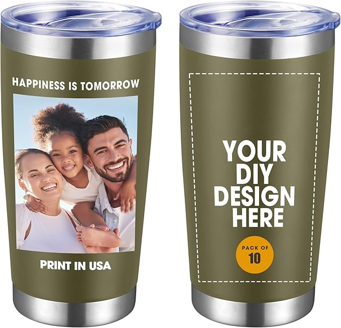 Personalized Custom Tumbler Print in USA 10 Pcs 20oz Stainless Steel Coffee Cup with Lid & Straw Double Wall Insulated Tumbler with Colorful Text Logo Photo