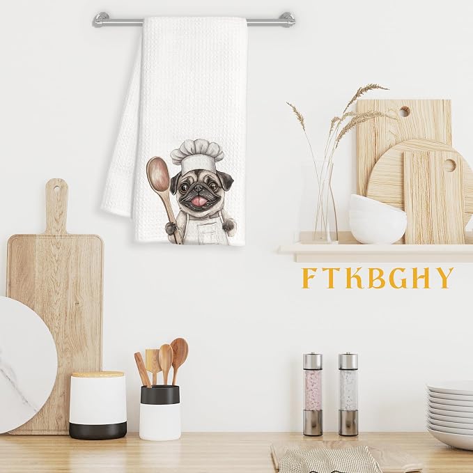 Funny Pug Chef Kitchen Towels, Gifts for Pug Lovers, Chef Gifts for Women Men, Funny Dog Decorative Dish Hand Tea Towels for Kitchen Bakery, 16x24 Inch
