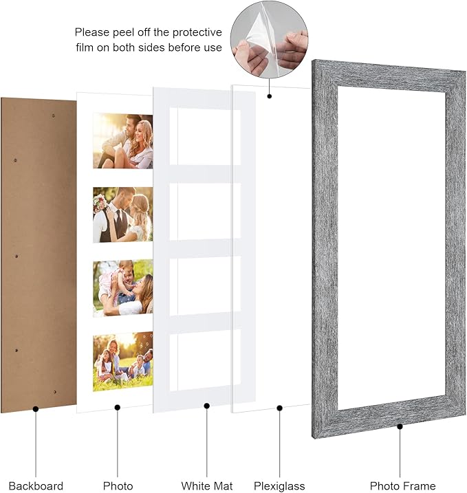 8x20 Picture Frame Display 4 opening 4X6 Picture Frame Collage,Multi Photo Frame with Mat,Plexiglass,Wall or Tabletop Decor,Grey Wood Grain