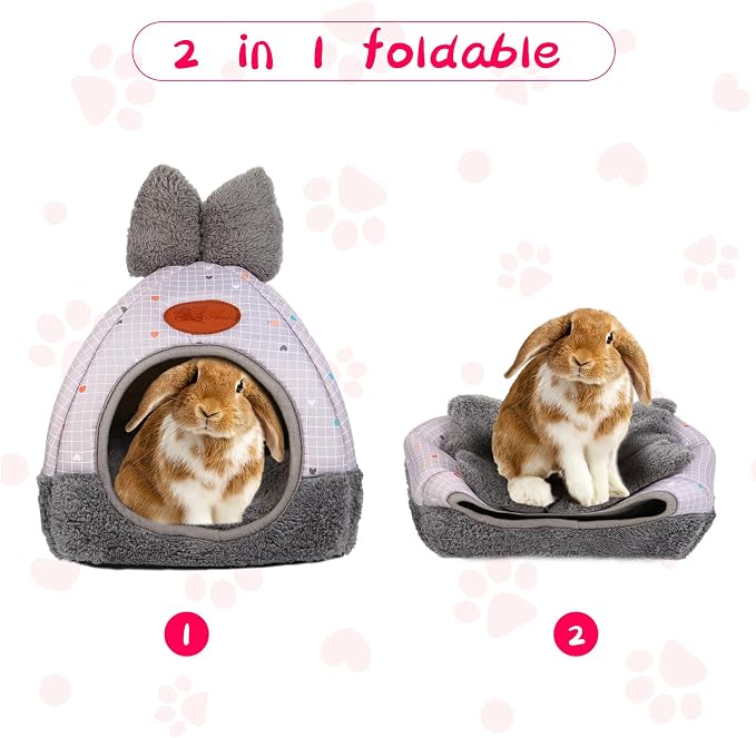 Bunny Bed Hideouts House Ferrets Rats Hedgehogs Chinchilla Cage Accessory for Rabbit Guinea Pig Hamster Cozy and Warm Rabbit Bed with Cute Bowknot Rabbits Hamster Bunny Grey Grid ﻿