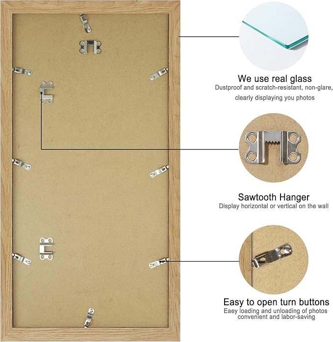 10x20 Picture Frame Set of 2, Natural Oak Wood Frame with Real Glass Collage Frame, Display Pictures Three 5x7 With Mat or 10 x 20 Without Mat - Horizontal or Vertical Wall Mounting