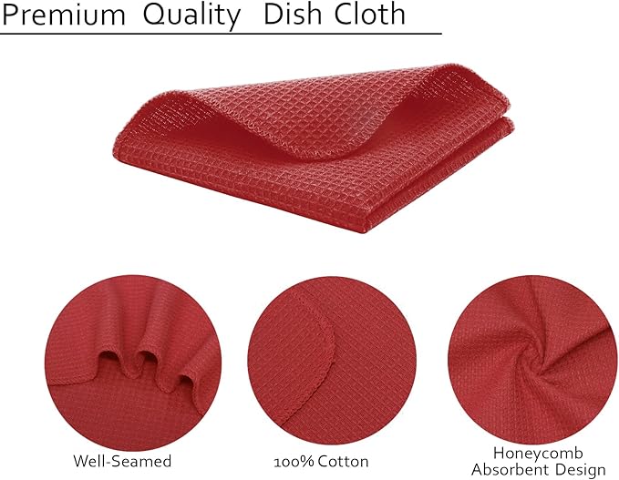 PurpleEssences Dish Cloths and Dish Rags - 8 Pack Waffle Weave Solid Kitchen Dish Wash Cloths, 100% Cotton, 12 x 12 Inches, Ultra Soft Absorbent Quick Drying - Christmas Holiday Winter - Red