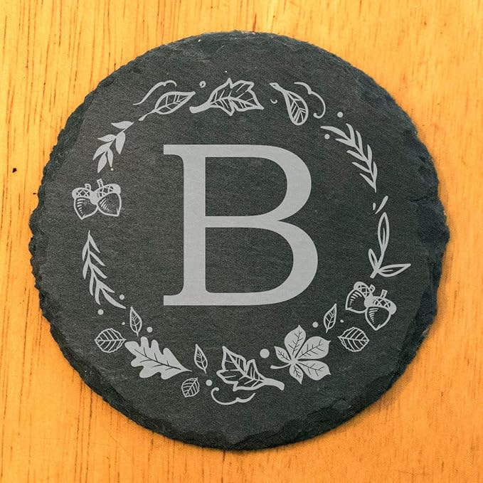 Personalized Monogram Family Coasters, Natural Stone Set, Birthday, Wedding, Customized, Rustic - Round Slate - Set of 6