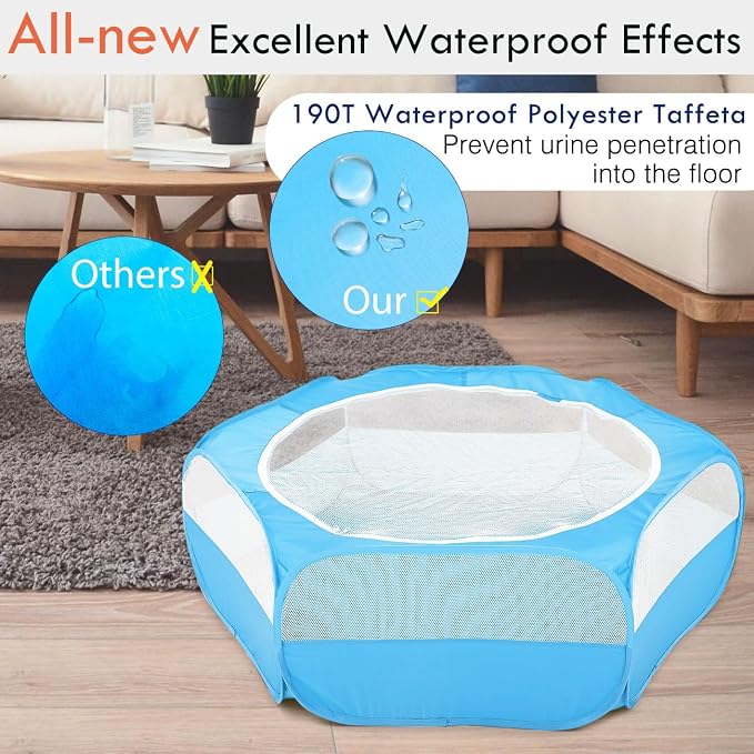 Pawaboo Small Animal Playpen with Zippered Cover,Light Blue | Portable pop-up pet tent for supervised rabbits, guinea pigs, chicks and kittens; water-resistant bottom and 3 metal rods