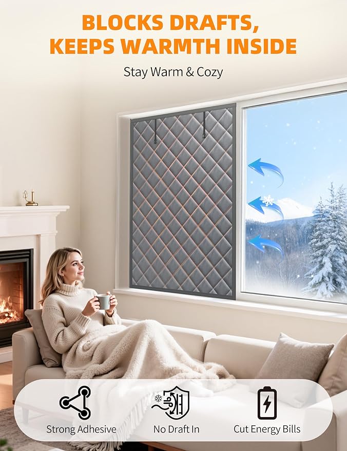 Window Insulation for Winter, 31″×57″ Thermal Window Cover (Fits 28″×54″ Windows ), Dual-Sided Winterizing Curtain for Home & RV, Reusable Draft Stopper with Roll-Up Buckle