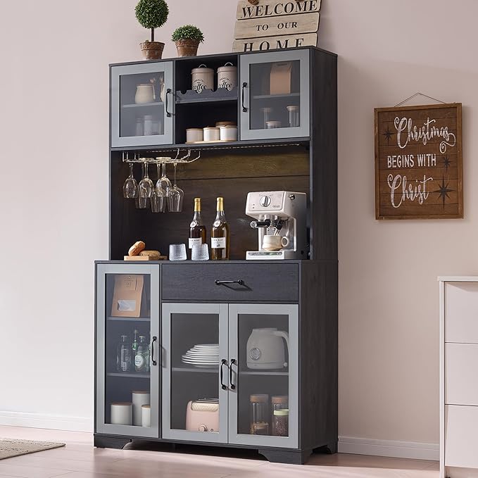 Fatmok 71" Pantry Cabinet with Wine Rack and Charging Station, Set of 2 Tall Coffee Bar Cabinets with LED Lights, Drawer, Adjustable Shelves, Kitchen Hutch Storage, Grey