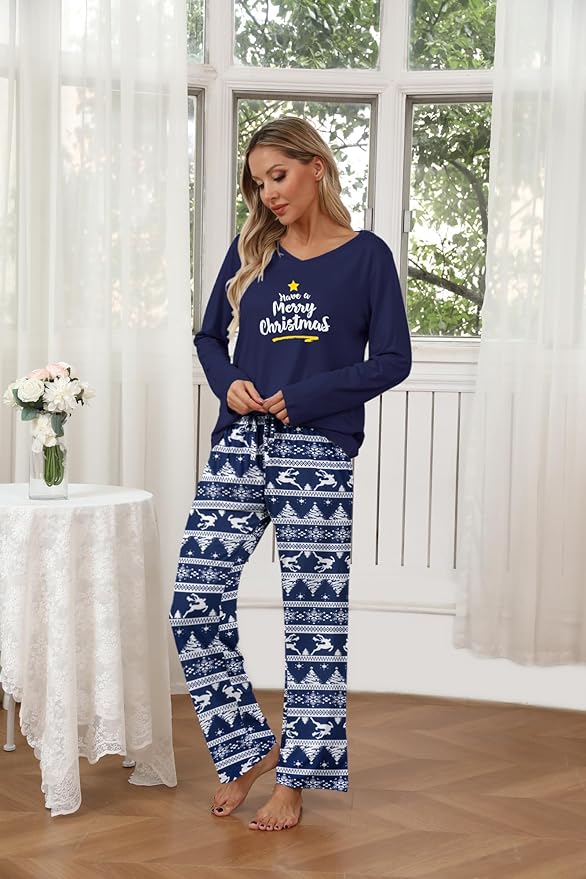 Ekouaer Womens 2 Pack Pajama Set Long Sleeve Pajamas Top and Pants V Neck Pjs Set Soft Loungewear with Pockets