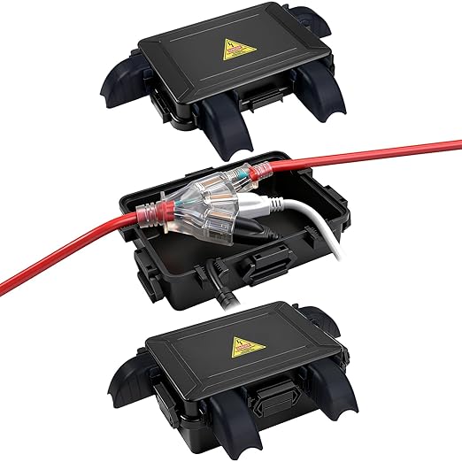 Small Outdoor Electrical Box,Waterproof Extension Cord Cover(Inner 7.3 * 5.1 * 1.6 inch) Weatherproof Connection Box w/4 Cable Entry Protect for Plug,Connector,Festive Light (2 PCS, Black)
