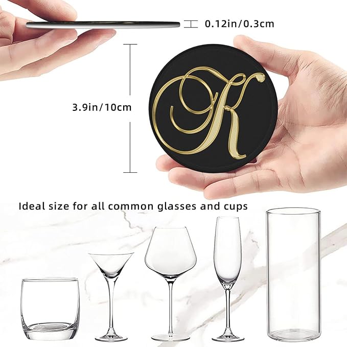 Famame 6 Pcs Letter K Alphabet Gold Print Leather Coasters for Drinks with Holder Coaster Sets Drink Table Cup Coasters for Living Room Kitchen Coffee Decor