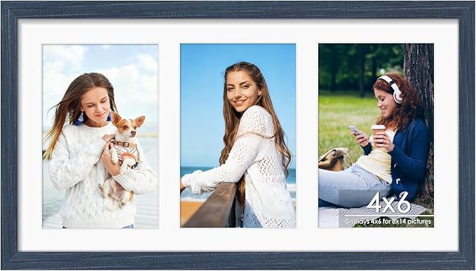 8x14 Collage Picture Frame 4x6 Collage Picture Frame Displays Three 4x6 inch Photos or 8x14 (Without Mat) for Available Horizontal Wall Mounting Display and Vertical Navy Blue