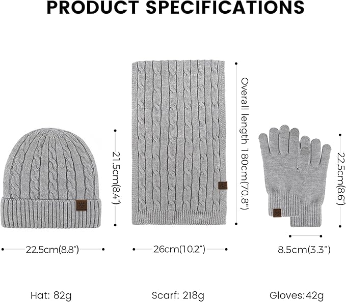 Womens Winter Beanie Hat Scarf Gloves Set, Knit Touch Screen Gloves Long Scarf Skull Caps Fleece Lined Winter Gift