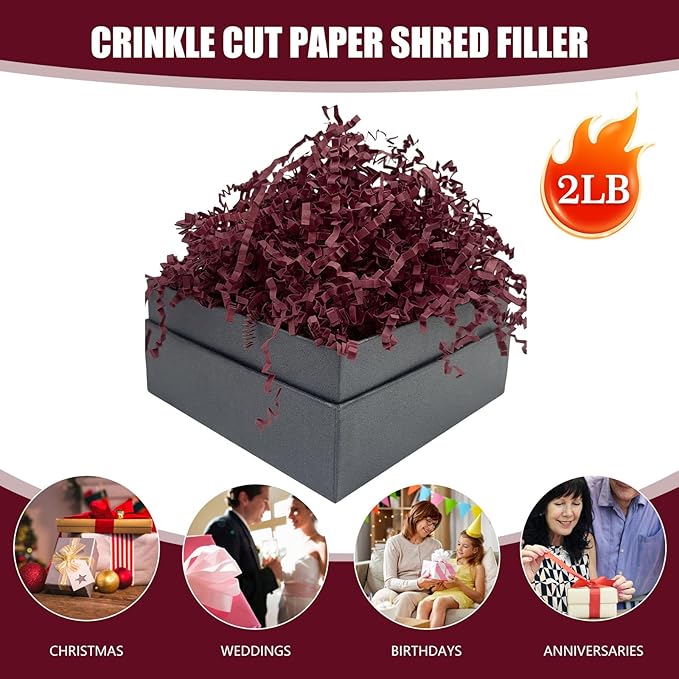 Burgundy Crinkle Cut Paper Shred Filler, 2 LB Basket Filler Shredded Paper, Confetti Stuffing for Basket Filling, Halloween, Thanksgiving, Christmas, Birthdays, Gift Wrapping, Stuffer Party Supplies