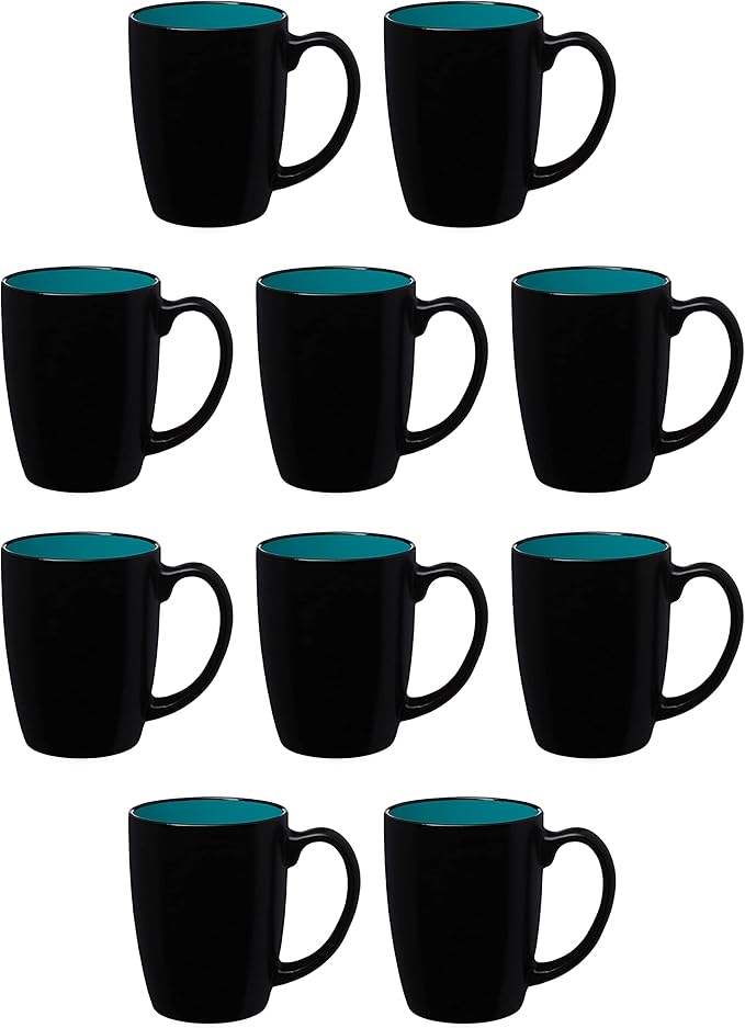 DISCOUNT PROMOS 10 Java Two Tone Coffee Mugs Set, 12 oz. - Stoneware, Durable, Easy Grip - BLACKTEAL