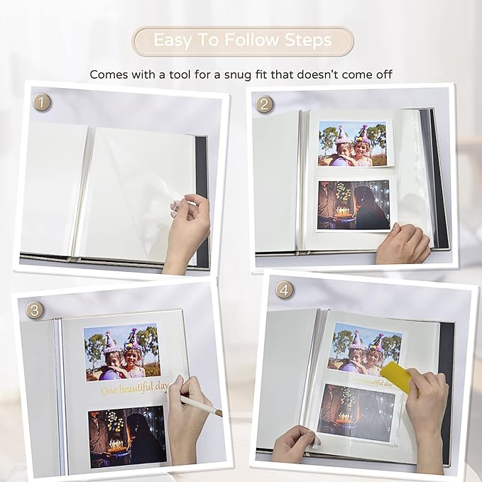 Popotop Large Photo Album Self Adhesive 4x6 5x7 8x10 Scrapbook Album DIY Picture Book,Gifts for Mom,Family Baby and Wedding,with Metal Pen and Plastic Board