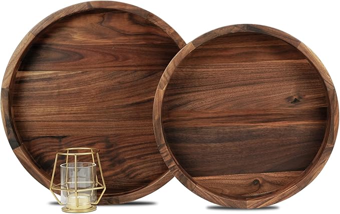 Set of 2 Large Round Black Walnut Wood Ottoman Tray with Handles, Serve Tea, Coffee, Classic Wooden Circular Decorative Serving Tray, 14 &12 inches