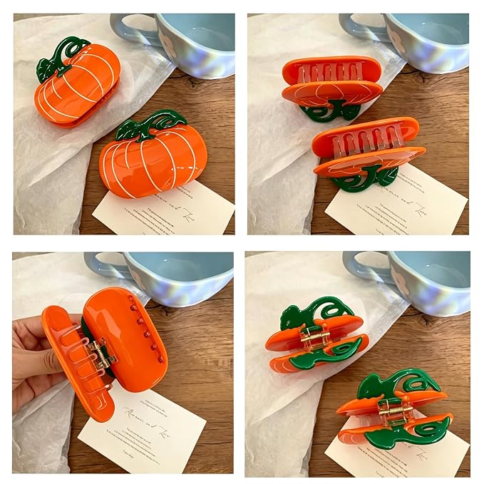 Cute Pumpkin Hair Clips for Women Fall Hair Claw Clips Vegetable Jaw Clips | Orange Pumpkin Hair Clamp with Lines Leaf Thanksgiving Day Hair Barrettes Autumn Winter Daily Holiday Hairstyle Accessory