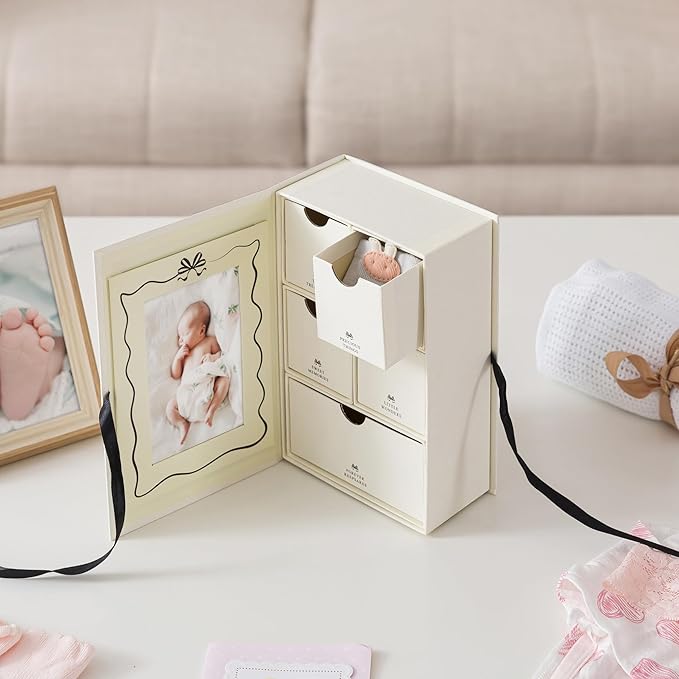 Soul & Lane Baby Keepsake Box with 5 Compartments, Baby Memory Box with Photo Frame, Newborn Storage Organizer for Girl and Boy, Memory Keeper for New Parents