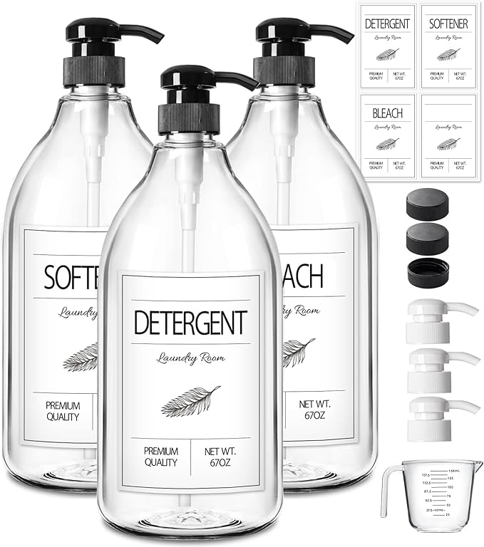 GMISUN Laundry Detergent Soap Dispenser, Liquid Laundry Detergent Dispenser, Container for Farmhouse Laundry Room Decor, Organizer for Liquid DetergentSoftenerBleach Storage Bottle(64 Oz Set of 3)