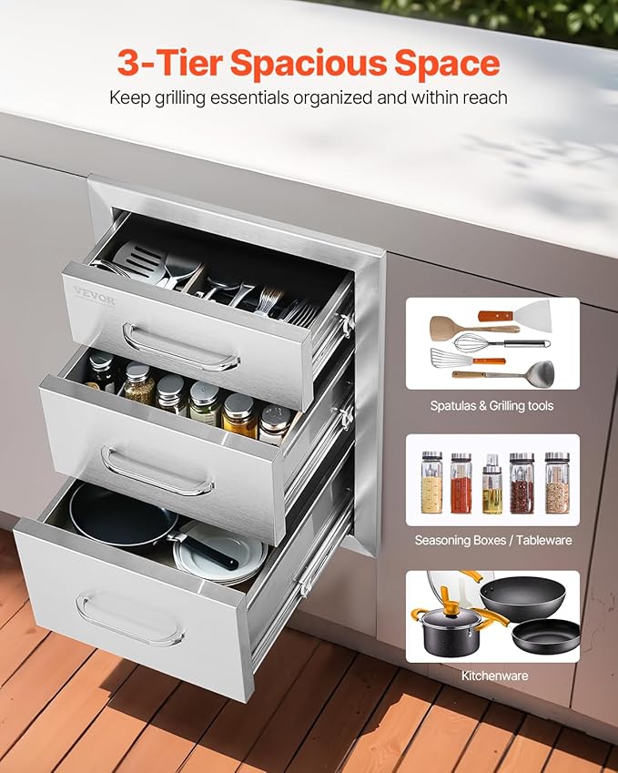 VEVOR 14x20.3 Inch Outdoor Kitchen Drawers Stainless Steel, Flush Mount Triple Drawers, 14W x 20.3H x 23D Inch, with Stainless Steel Handle, Outdoor Kitchens or BBQ Island