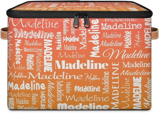 Custom Storage Basket with Name, Personalized Keepsake Box with Zipper Lid, Foldable Fabric Memory Bin Large capacity with Handle Orange