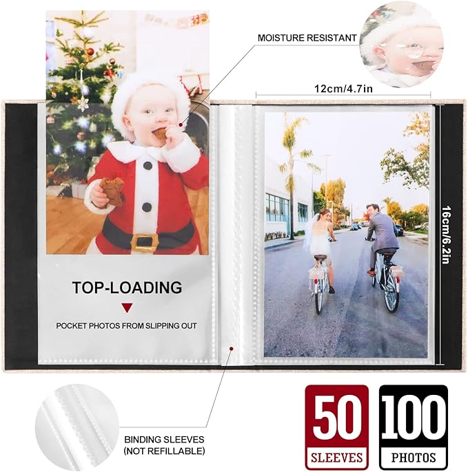 Ywlake Photo Album 4x6 100 Pockets 2 Packs, Small Mini Capacity Linen Photo Album Bulk Sets, Each Pack Holds 100 Top Loader Vertical Only Picture for Kids Boy Girls Beige